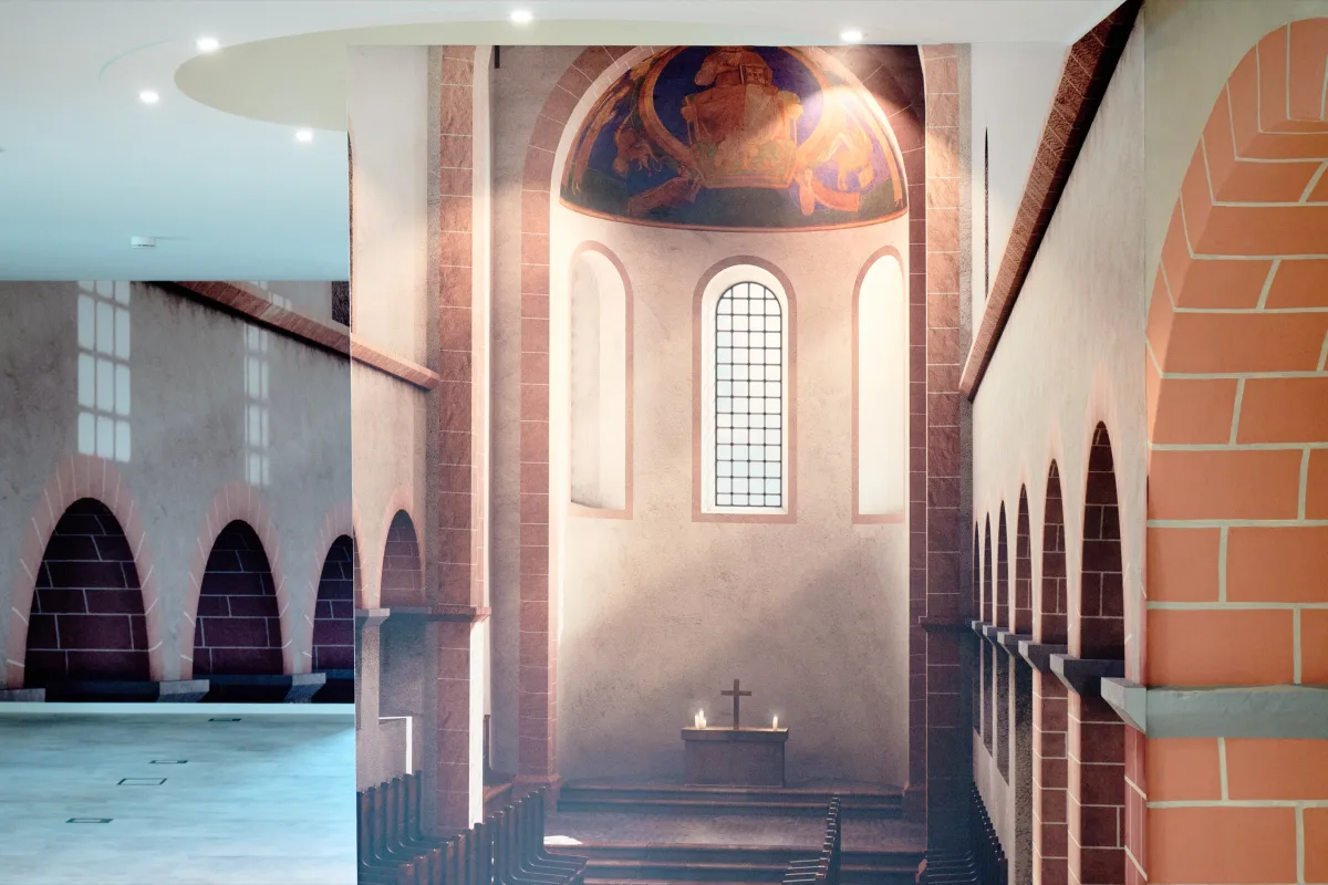 Ausstellungsraum mit raumhohen Wandbildern der rekonstruierten Rupertsberger Klosterkirche mit Apsisfresko und Altar