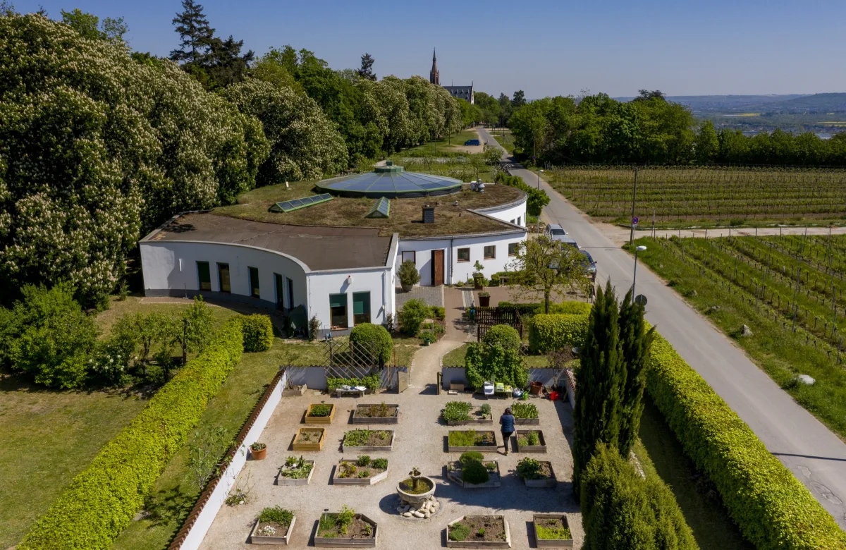 Luftaufnahme des Hildegard-Forums auf dem Rochusberg bei Bingen mit Kr&auml;utergarten und Weinbergen